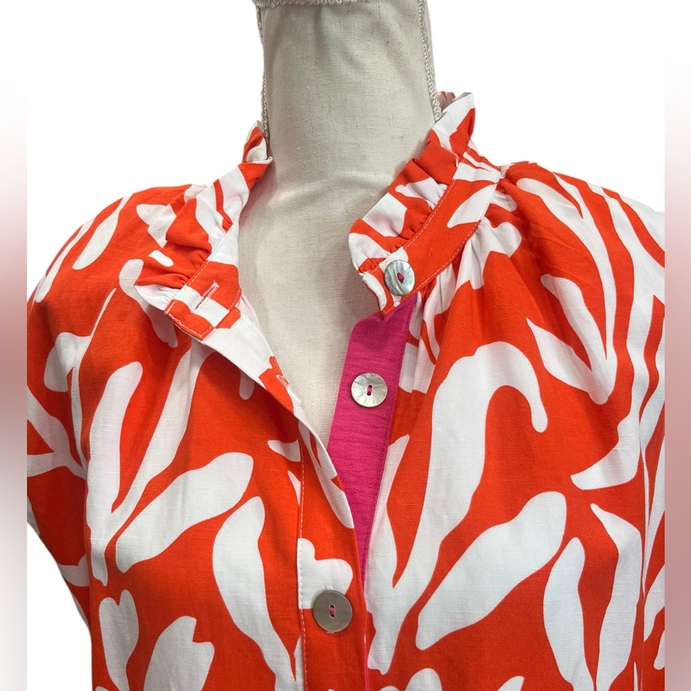 THML Orange White Botanical Print Ruffle Neck Mini Dress Linen Blend M - Picture 5 of 10